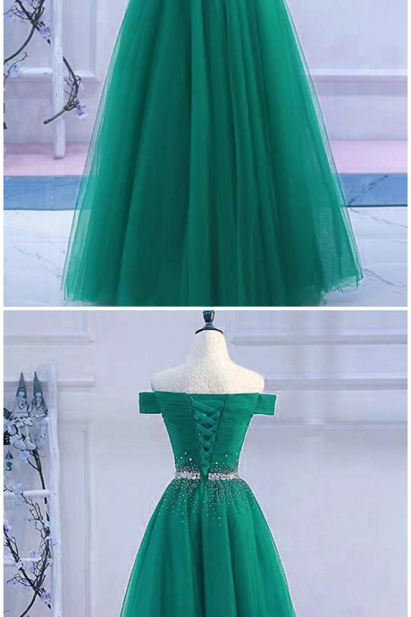 Green Tulle Off Shoulder Long A Line Prom Dress, Sequined Evening Dress