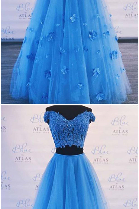 Blue Lace Two Pieces Long Tulle Prom Dress, Homecoming Dress