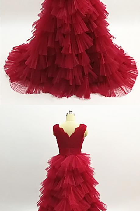 Burgundy Tulle Layered Long Open Back Evening Dress, Homecoming Dress