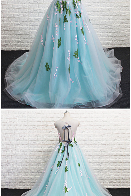 Light Blue Tulle Puffy Long Colorful Flower Applique Sweet 16 Prom Dress, Evening Dress