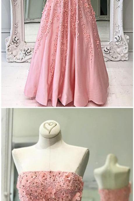 Strapless Pink Satin Crystal Applique Long Prom Dress For Teens