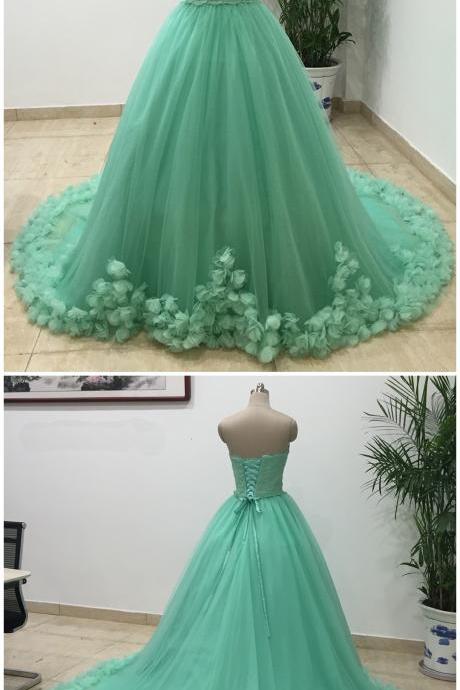 Green Tulle 3d Lace Applique Long Strapless Sweet 16 Prom Dress, Quinceanera Dress