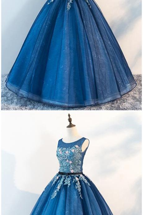 Blue Tulle Long Flower Lace Evening Dress, Formal Prom Dress