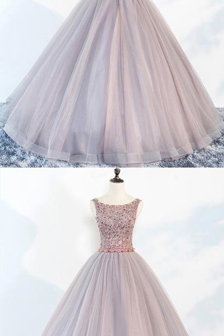 Gray Tulle Scoop Neck Long Crystal Beaded Evening Dress, Formal Dress