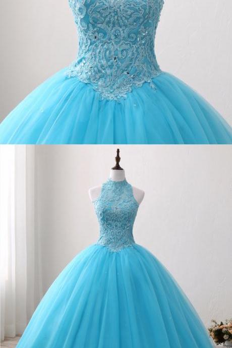 Blue Lace O Neck Strapless Long Tulle Quinceanera Dress, Formal Prom Gown