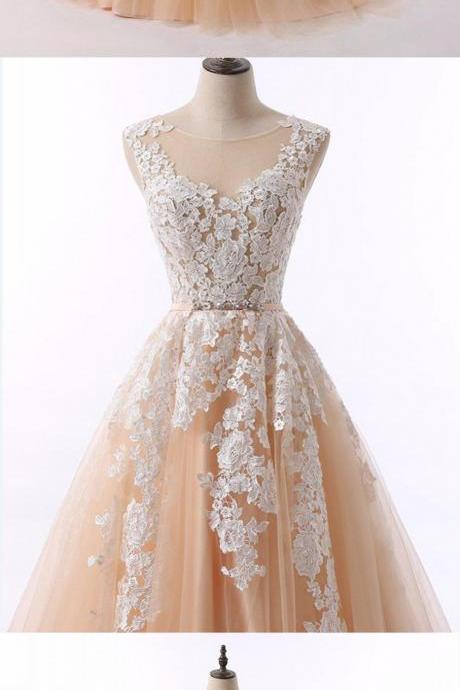 Champagne Tulle Round Neck Long Winter Formal Prom Dress With Lace Applique