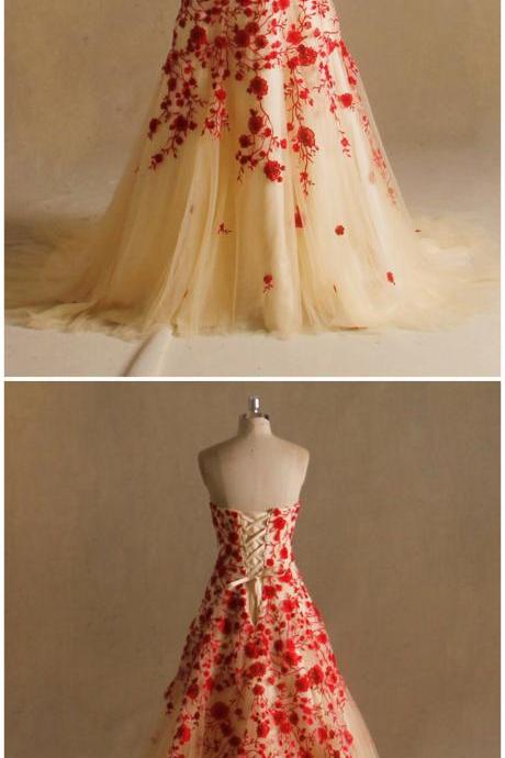 Sweetheart Neck Red Embroidery Lace Long A Line Tulle Prom Dress, Formal Dress