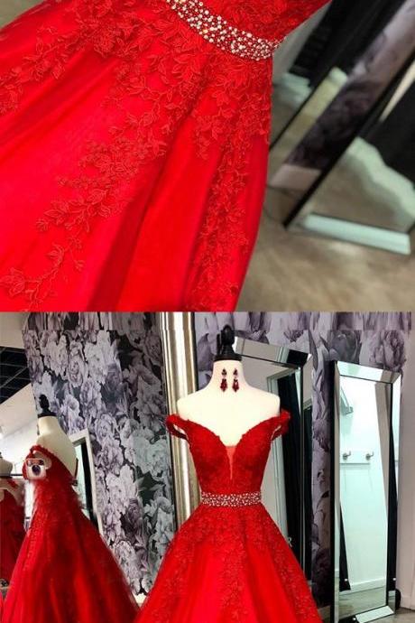 Red Tulle V Neck Off Shoulder Long Beaded Prom Dress, Party Dress