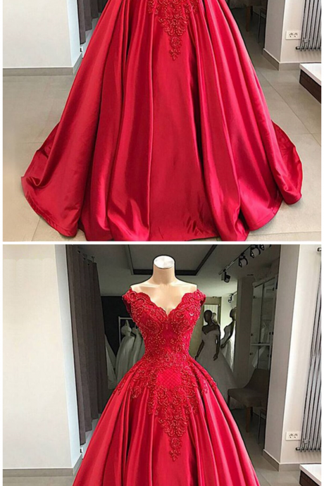 Red Satin Off Shoulder Customize Prom Gown, Long Beaded Evening Dress With Sleeve