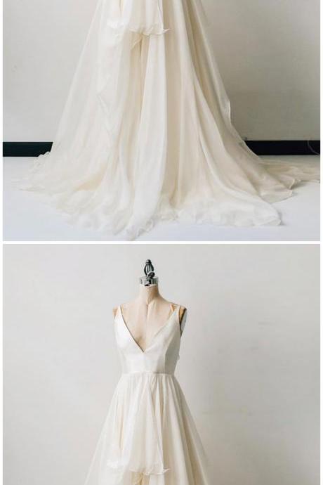 Spring White Chiffon V Neck Long Prom Dress, White Ruffles Formal Dress