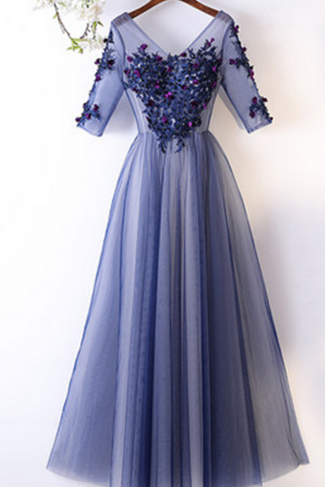 Deep Blue Tulle V Neck Mid Sleeve Long Formal Prom Dress With Appliqué