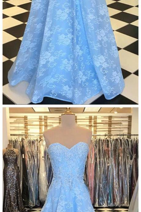 Blue lace sweetheart neck long strapless prom dress, evening dress