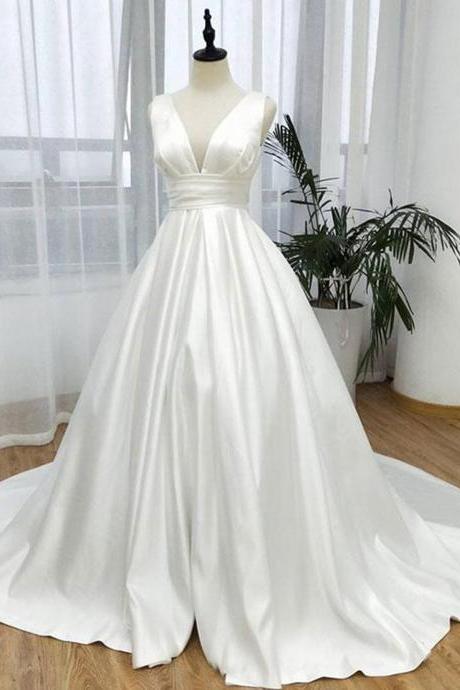 White Satin Long V Neck Prom Dress, White Evening Dress