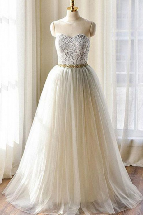 Gray Lace Sweetheart Neck Long Senior Prom Dress, Lace Evening Dress