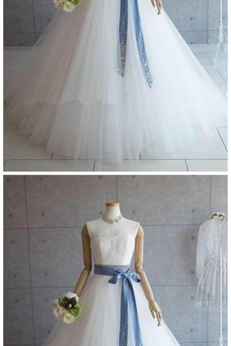 Sweetheart White Tulle Strapless Wedding Dress, Formal Dress With Sash