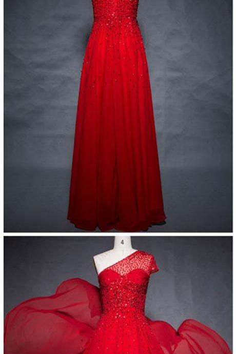 One Shoulder Red Chiffon Flowy Prom Dresses With Hand Beadings