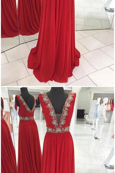 Red Chiffon V Neck Long Lace Appliqués Evening Dress, Red Senior Prom Dress