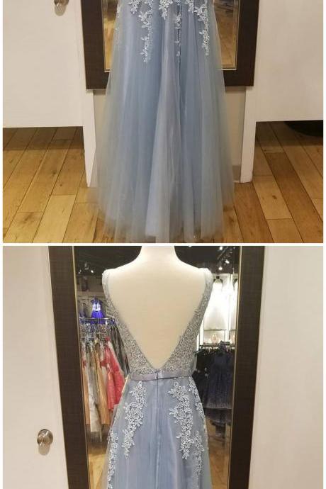 Blue Gray Tulle Long V Neck Lace Appliqué Prom Dress With Bowknot