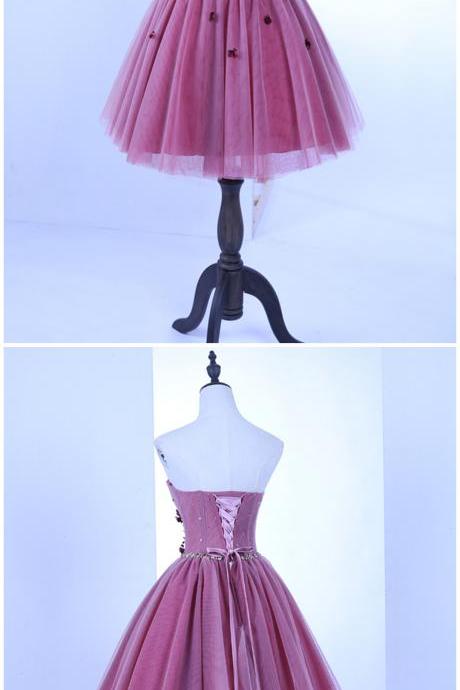 Sweetheart Short Strapless Pink Tulle Beaded Belt Short Prom Dress, Bridesmaid Dress