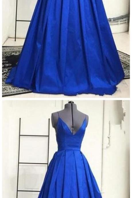 Royal Blue Prom Dresses Spaghetti Straps V Neck Formal Dress With Criss Cross