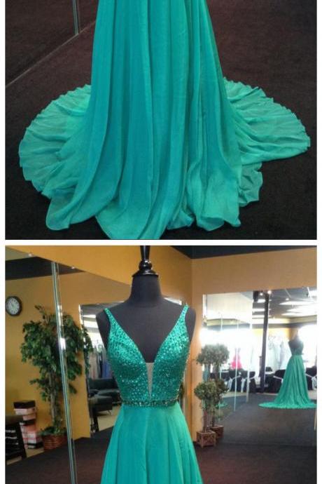 Long Straps Green V-neck Crystal Prom Dress Evening Dresses