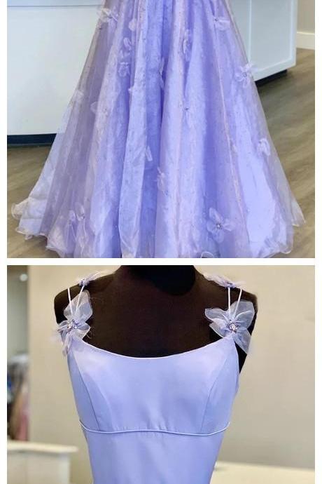 Lilac Tulle A Line Long Dress Prom Gowns With Applique