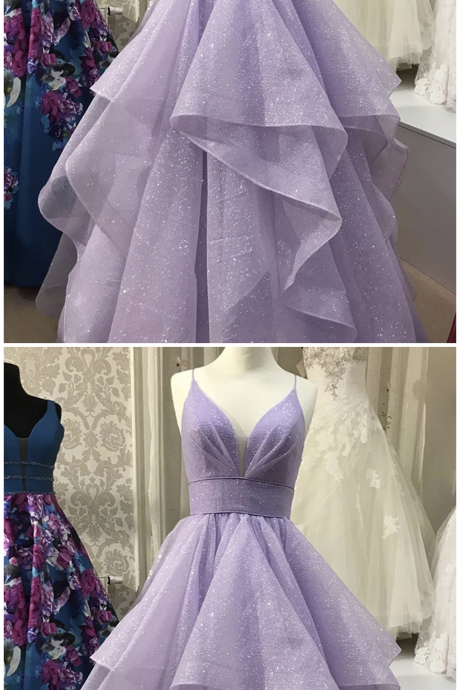 Lavender Tulle V Neck Long Layered Prom Gown Evening Dress