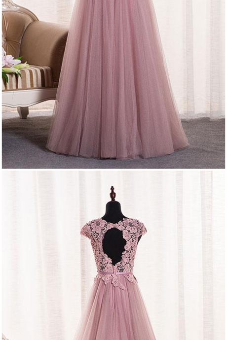 Pink Tulle O Neck Long Lace Top Formal Prom Dress, Long Evening Dress With Cap Sleeves