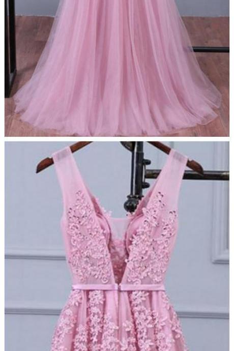 Baby Pink V-neck Tulle Prom Dresses With Appliques Party Dresses