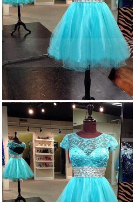 Sky Blue Luxury Bling Sparkle Homecoming Dress With Lace Beads Rhinestones Mini Short Prom Dress Party Dress