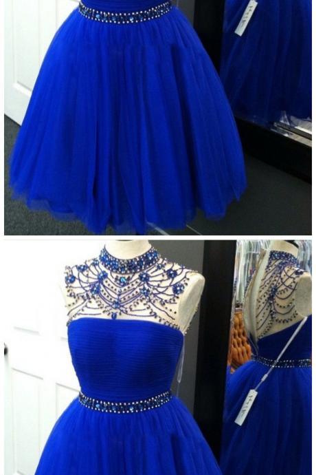 Luxury Royal Blue Homecoming Dress Beads Rhinestones Mini Short Organza Prom Dress Party Dress