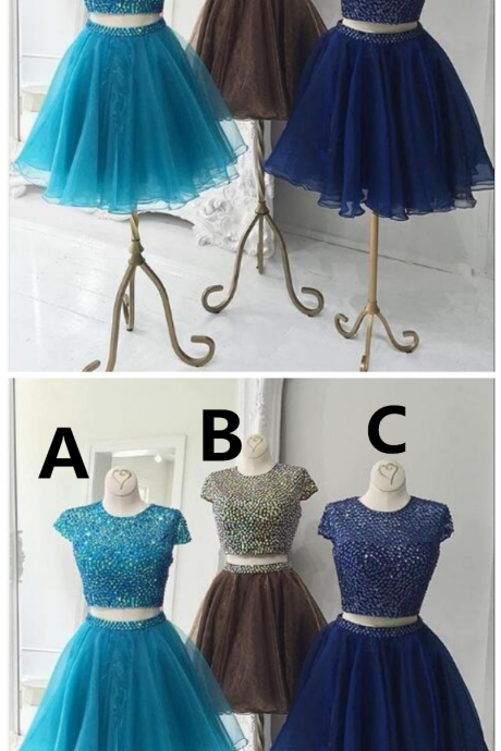 Two Pieces Homecoming Dress Blue/royal Blue/grey Beads Top Organza Skirt Homecoming Dresses Cocktail Dress