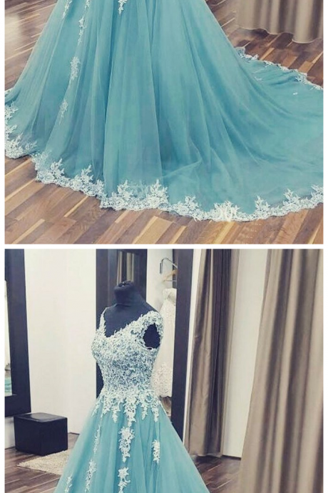 Appliques Tulle Prom Dress, Sexy Sleeveless Prom Dresses, Long Ball Gowns, Formal Evening Dress