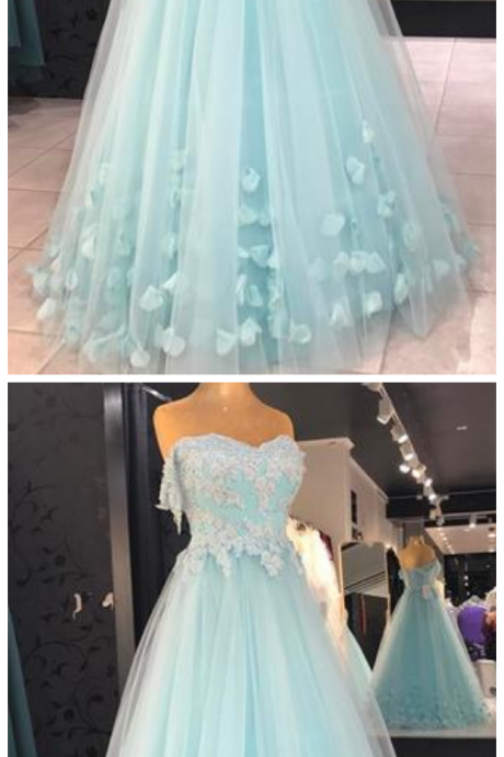 Baby Blue Appliques Prom Dress, Sexy Tulle Prom Dresses, Long Evening Dress