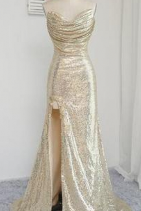 Sparkly Beautiful Elegant Sweetheart Strapless Split Prom Dresses Sequin Evening Dresses