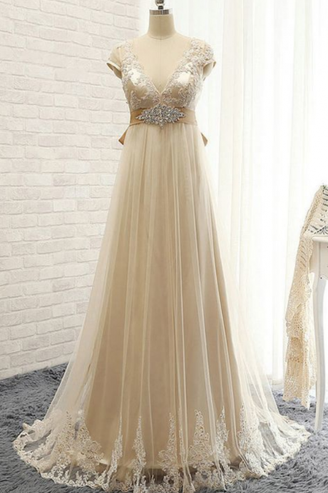 Champagne Bridesmaid Dresses Lace, Yellow Bridesmaid Dresses Long, Empire Bridesmaid Dresses V-neck