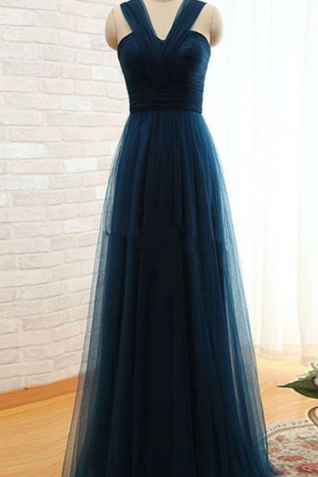 Simple A Line Straps Pleated Long Women Dark Green Tulle Prom/bridesmaid Dresses