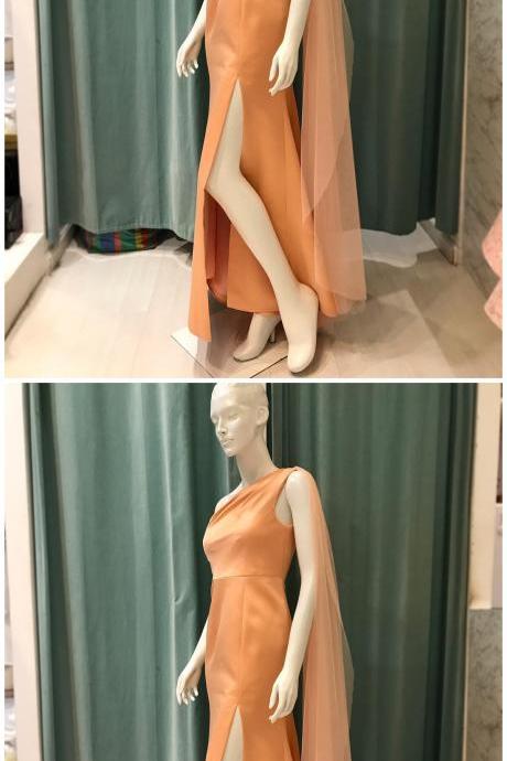 Orange One Shoulder Dutches Satin Silk Evening Gown