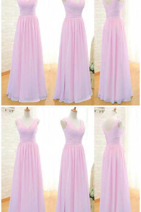 Custom Made Pink V-Neckline Chiffon Long Chiffon Bridesmaid Dress with Draped Detailing