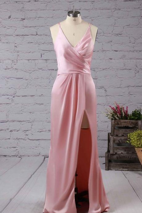 Custom Made Pink Satin V-neckline Foldover Style Long Evening Dress With Front Split, Homecoming Dresses, Graduation Dresses, Cocktail Dresses