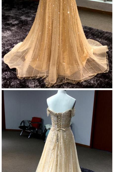 Luxurious Gold V-neck Off-the-shoulder Beaded A-line Long Prom Dress, Evening Dress