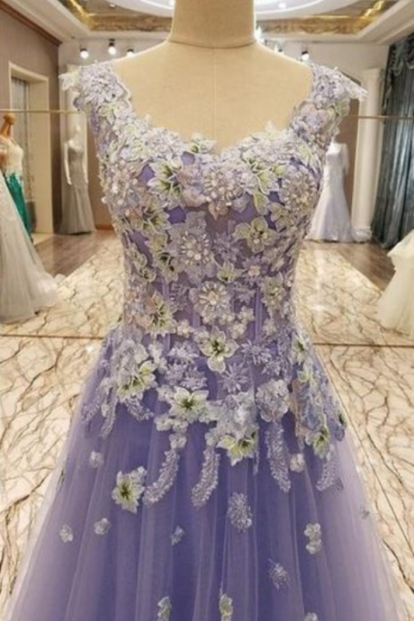 Light Purple Tulle Long Prom Gown, Lace Evening Dress, Wedding Dress