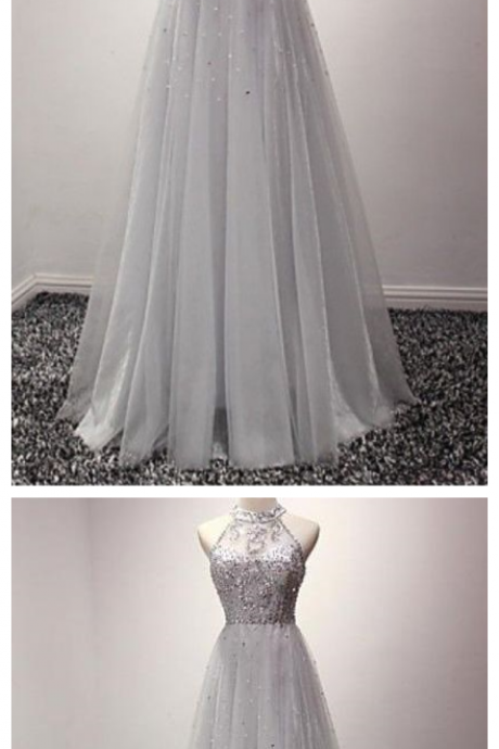 Gray Prom Dresses,prom Dress,prom Gowns,tulle Long Prom Dress With Crystals