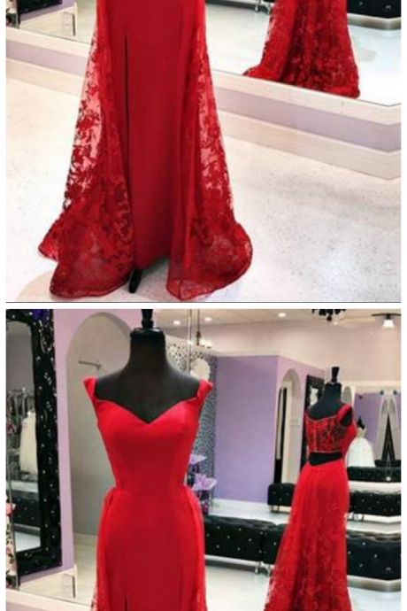 Lace Mermaid Prom Dress, Sexy Appliques Red Prom Dresses, Long Evening Dress