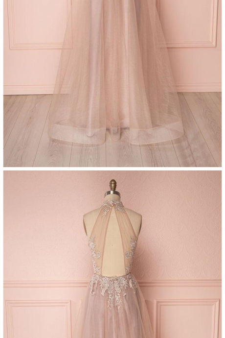 Pink Tulle Long Beaded Open Back Evening Dress, Prom Dress