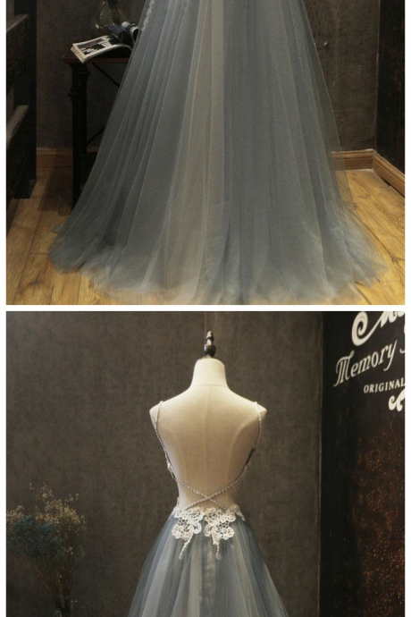 Lavender Tulle Long Beaded Open Back Evening Dress, Prom Dress