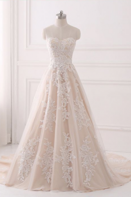 Sweetheart Light Champagne Tulle A-line Long Train Prom Dress With Appliques, Evening Dress