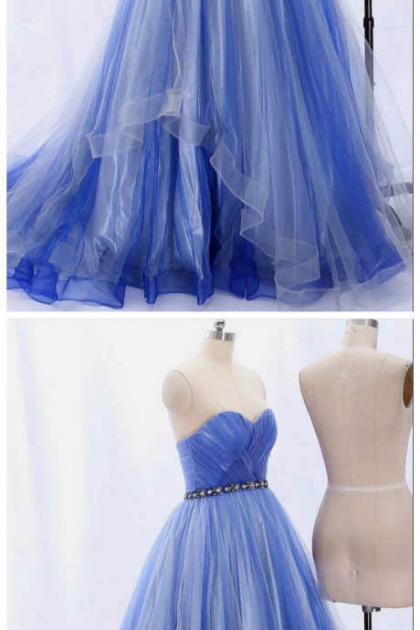 Sweetheart Neck Blue Lace Beaded Waistline Long Evening Dress, Formal Dress