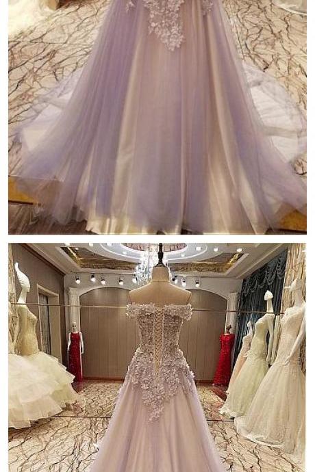 Modest Tulle ,off-the-shoulder Neckline, A-line Prom Dresses With Lace Appliques , Handmade Flowers, Elegant Evening Dress, Prom Dresses,