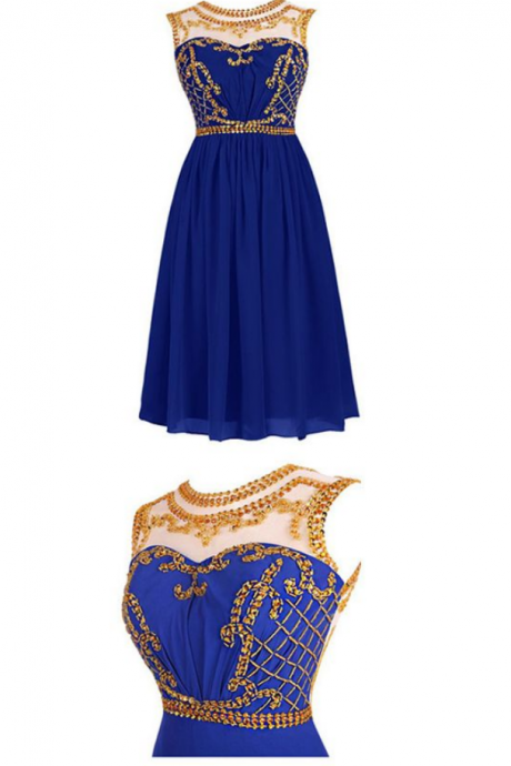 Sexy Royal Blue Short Prom Dress,chiffon Homecoming Dress With Illusion Neckline, Gold Sequin Embellishment,sexy Party Dress,custom Made Evening